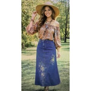 vintage women's 16 blue jean flared maxi skirt embroidery 90's y2k cottagecore